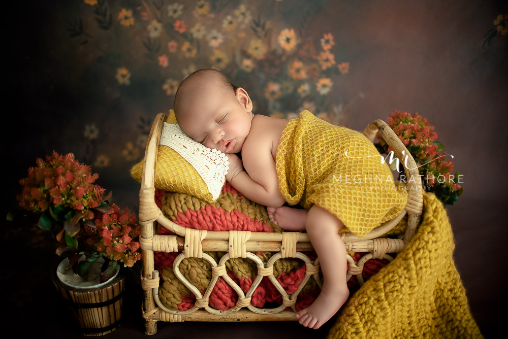 india delhi newborn baby photoshoot by best baby photographer with props and flowers