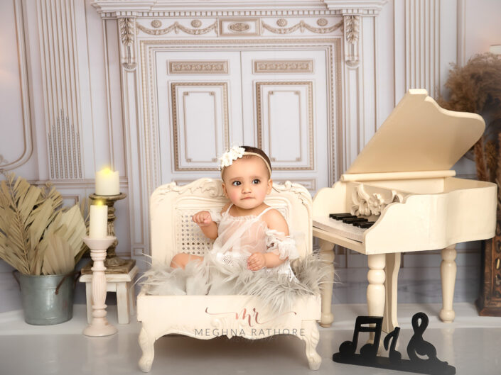 Kid Album -  1 Year Baby Girl Kid Pre Birthday Photoshoot Piano Theme Portrait By Meghna Delhi
