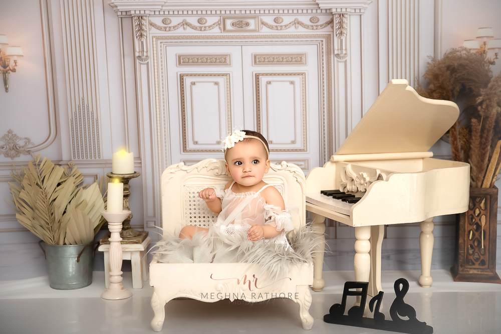 Kid Album –  1 Year Baby Girl Kid Pre Birthday Photoshoot Piano Theme Portrait By Meghna Delhi