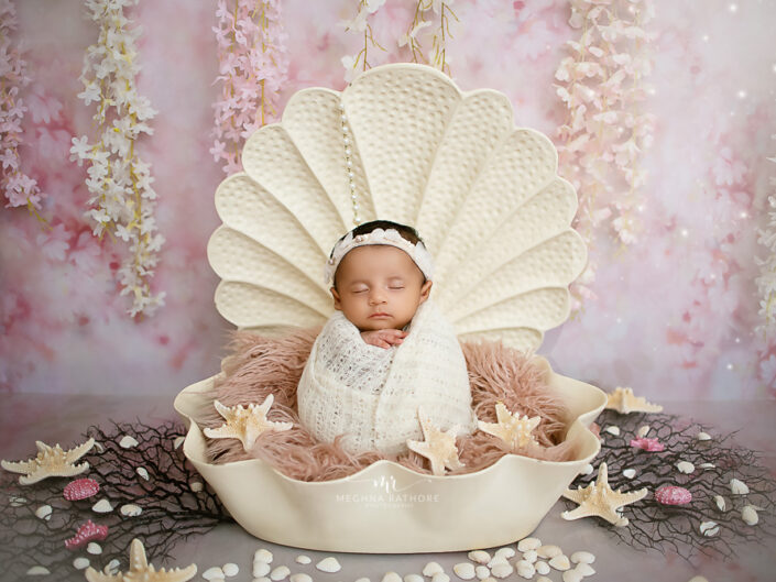 Newborn Photoshoot - 50 Days Baby Girl Photoshoot with Pearl Shell, Potato sac, Swing with Flower Theme