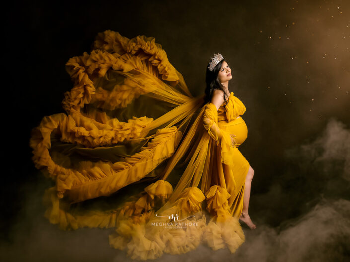 Maternity Gallery - Beautiful Maternity Photoshoot Wearing Mustard and Pink Gowns in Gurugram By Meghna Rathore Photography