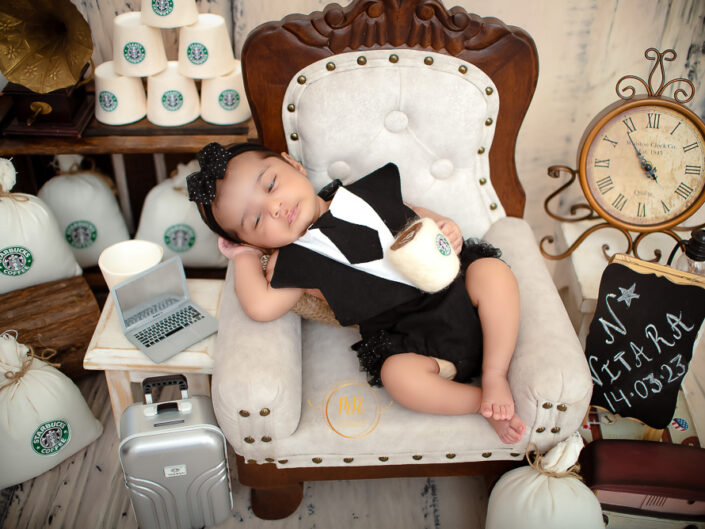 Newborn Gallery - 44 Days Baby Girl Photoshoot In Beach, Rust Floral, Pink Fiona and Boss Baby Themes.