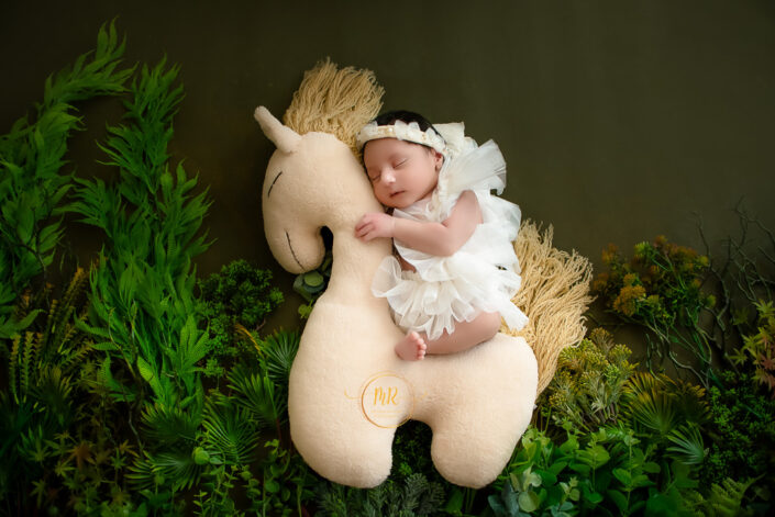 Newborn girl peacefully sleeping on a stuffed horse captured by Delhi NCR's best maternal photographer Meghna Rathore.