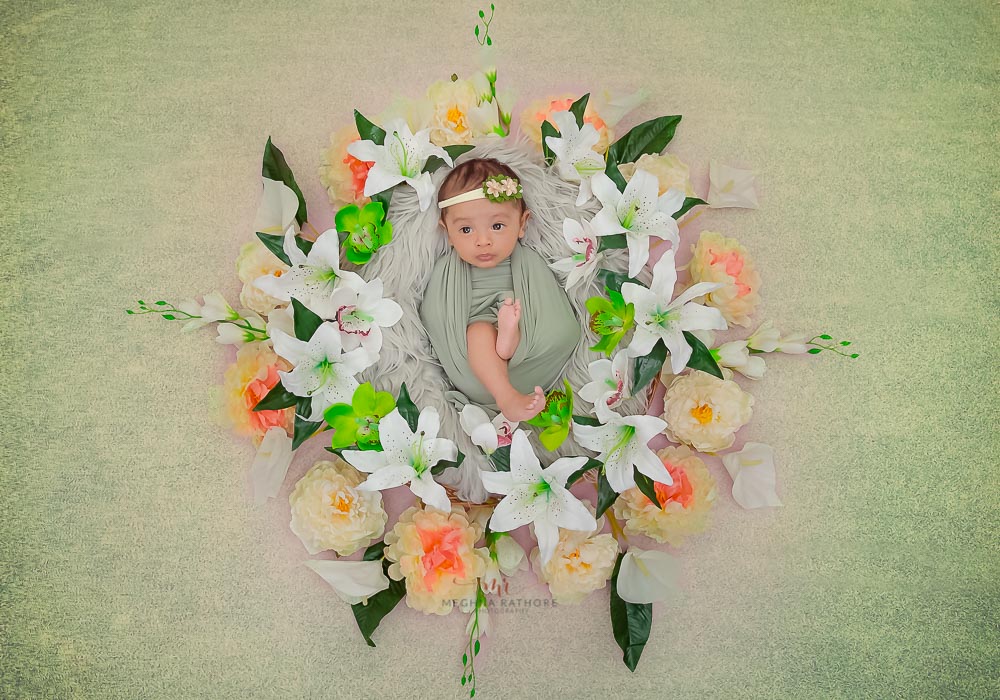 delhi gurgaon newborn professional photo shoot baby in a basket with flowers around meghna rathore photography