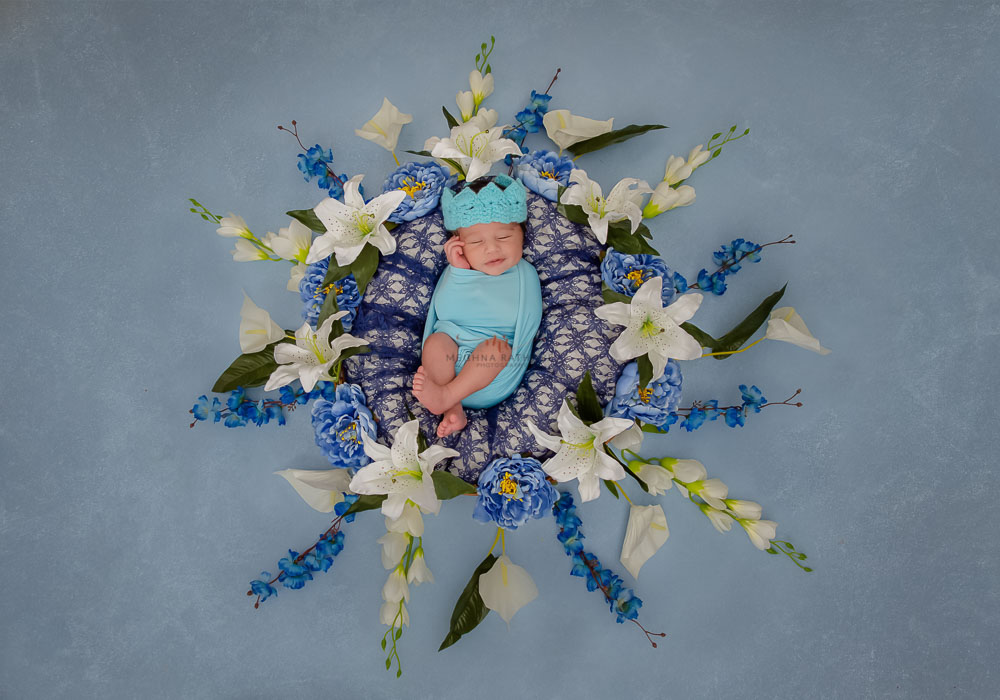 delhi newborn professional photography baby in a basket with flowers around with blue background meghna rathore photography