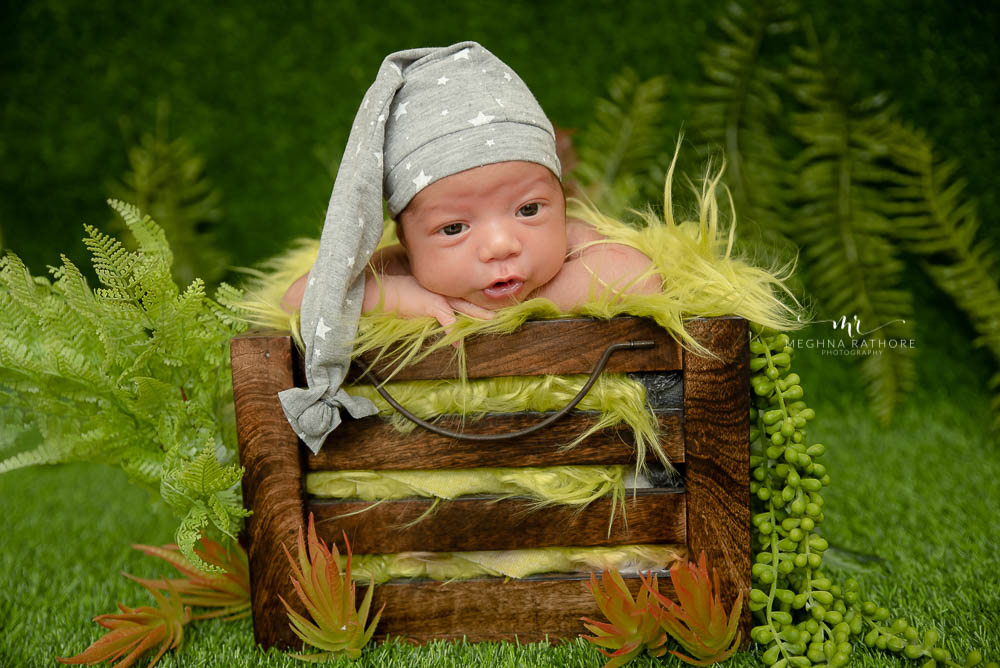 newborn photoshoot delhi baby sitting in crate with leaves and green decoration meghna rathore photography delhi gurgaon faridabad