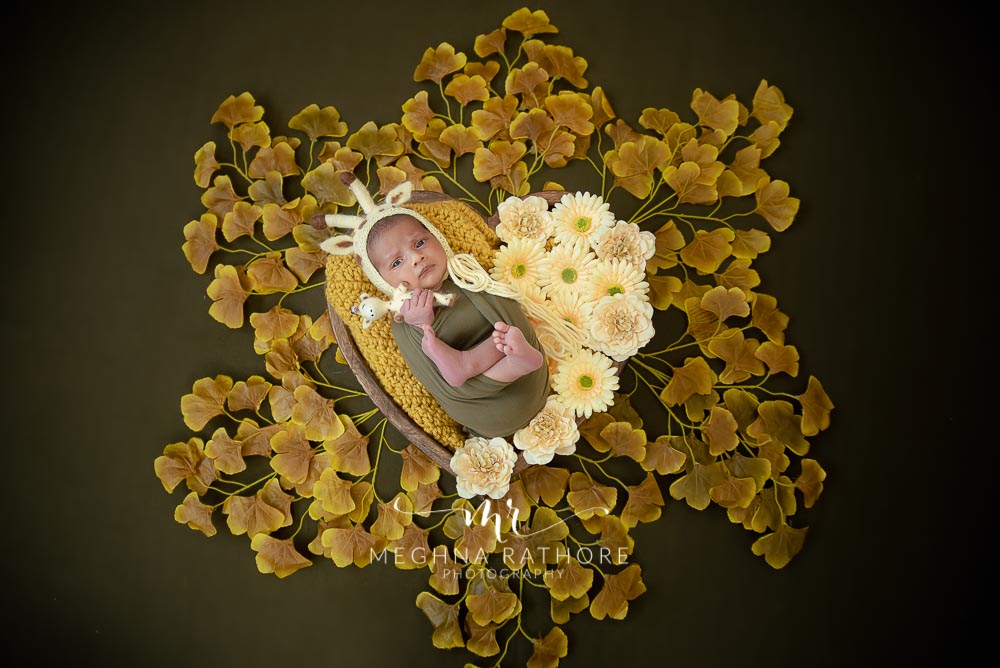 Top angle shot of newborn baby boy surrounded with flowers and tucked in a basket at meghna rathore photography in dehi