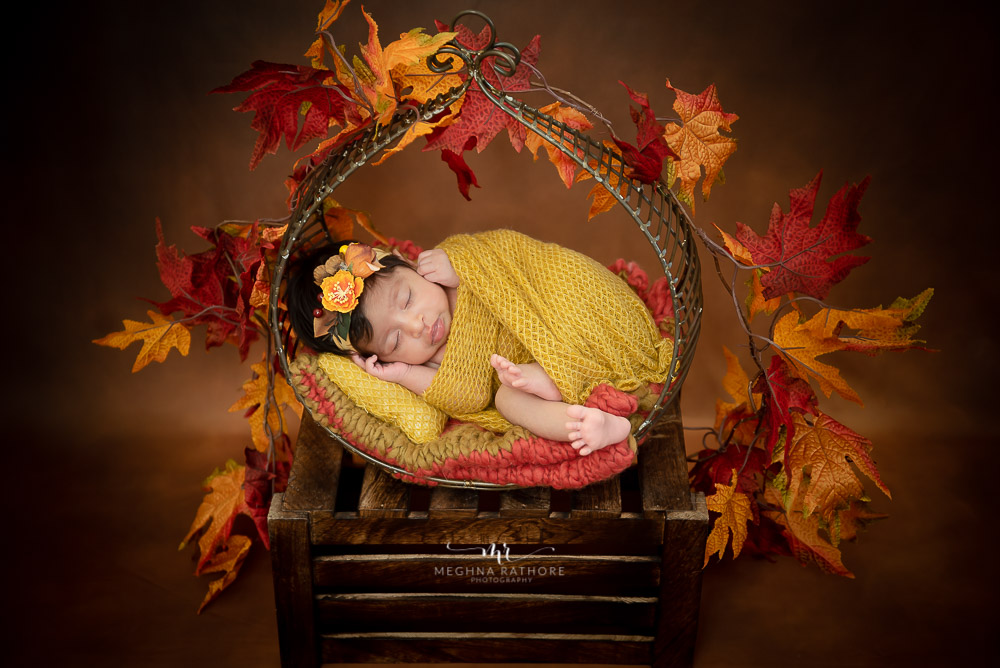india delhi baby photoshoot with fall color leaves with best photographer in delhi
