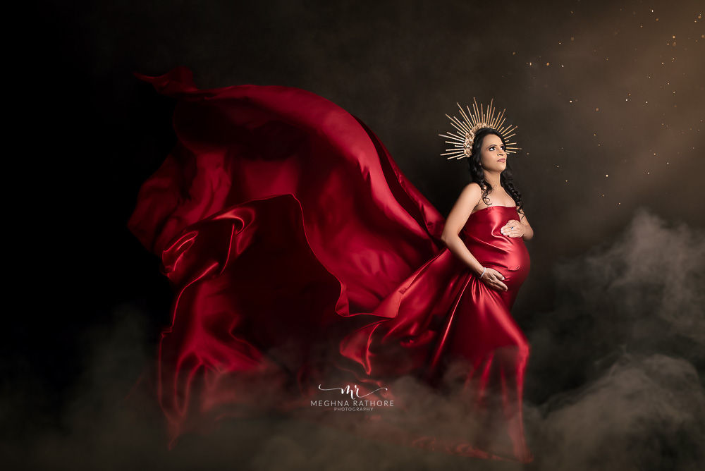 Maternity Album - Maternity Photoshoot in Premium Gowns and Red Drape By Meghna Rathore Photography