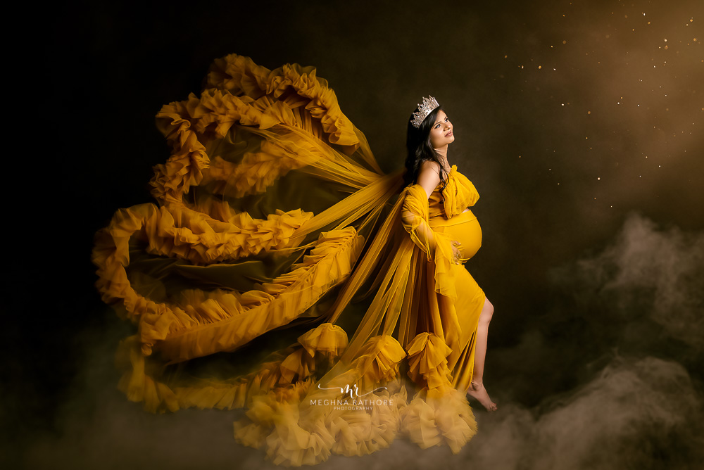 Maternity Gallery - Beautiful Maternity Photoshoot Wearing Mustard and Pink Gowns in Gurugram By Meghna Rathore Photography