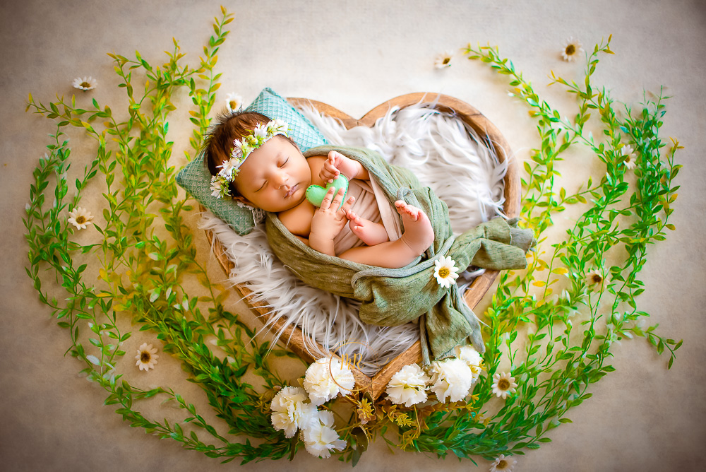Newborn Gallery - 40 Days Baby Girl Photoshoot Using Rust, Green and Purple Florals.