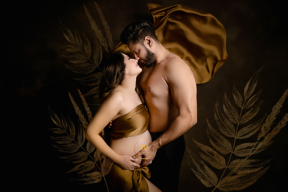 Maternity Gallery – Beautiful Maternity Shoot With Rust, Beige And Golden Drape.