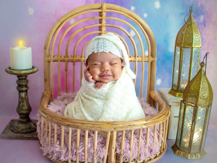 Newborn Album – 41 Days Newborn Photoshoot Using Various props and Themes like Krishna, boho, Red Love, Bed in Different Colors
