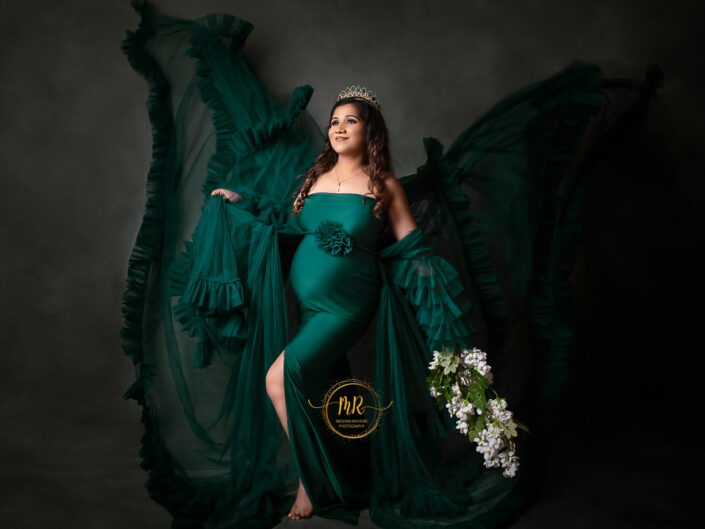 Maternity Album – Beautiful Maternity Photoshoot In Mustard, Green Gown and Golden Drape With Many Artistic Edits