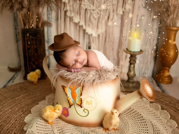 Newborn Gallery - 20 Days Baby Boy Photoshoot Using Props Like Dream Catcher, Sofa and Travel Box in Various Colors Like Red, Yellow and Blue