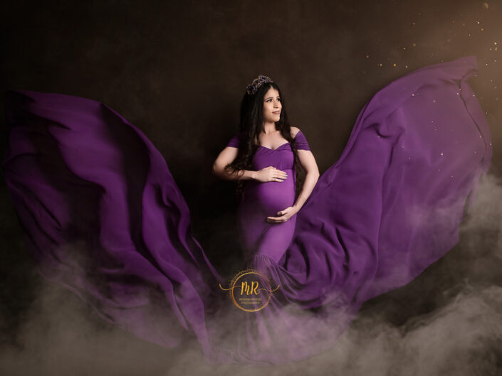 Maternity Album - Gorgeous Mommy To Be Maternity Photoshoot In Classic Purple Flair Dress and Blue Bodycon