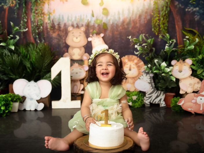 Kids Album - Super Cake Smash Session for One Year Old baby Girl Along with Family Portraits and Themes Like Music, Animal and Boho.
