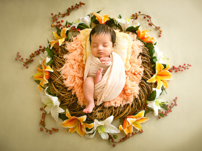 Newborn Album - Adorable 34 Days Baby Boy Newborn Photoshoot in Red, Yellow and Boho Florals with many Prop Variations and Family Portraits.