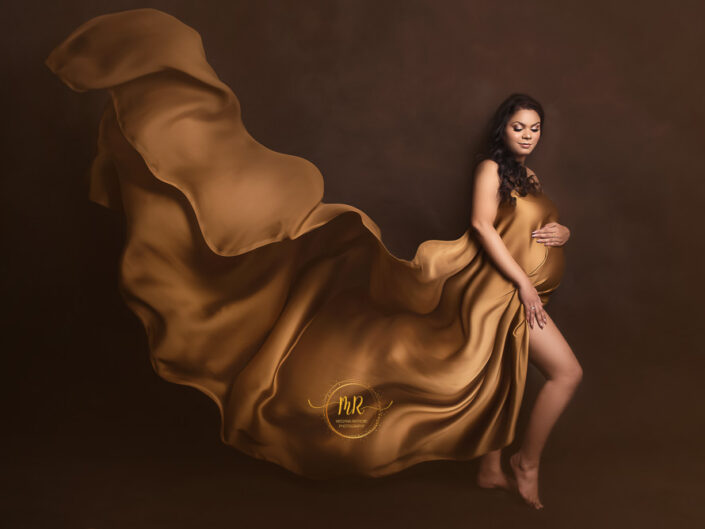 Maternity Album – Beautiful Maternity Portraits in Sage, Rust Maternity Gowns and Golden Drape.