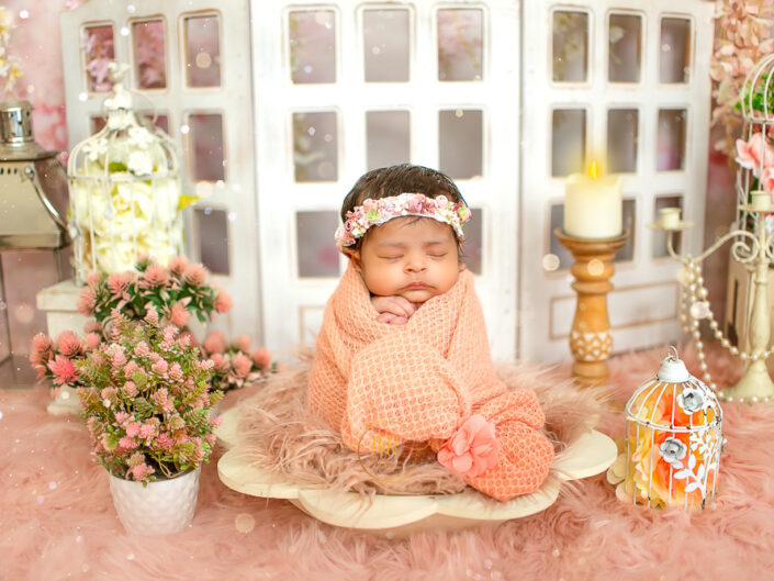 Newborn Album - Beautiful 37 Days Baby Girl Photoshoot in Sage, Red and Pink Color Setups of Garden With Family Portraits