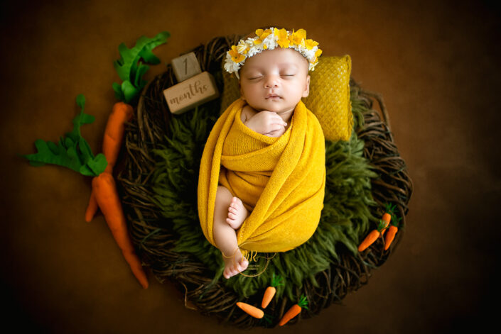 A one-month-old baby in a nest with carrots, wrapped in yellow, wearing a flower crown captured by Meghna Rathore Delhi NCR best maternity and Child photographer.